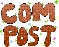 COMPOST magazine logo with worms and flowers growing out of it (very fertile grounds!)
